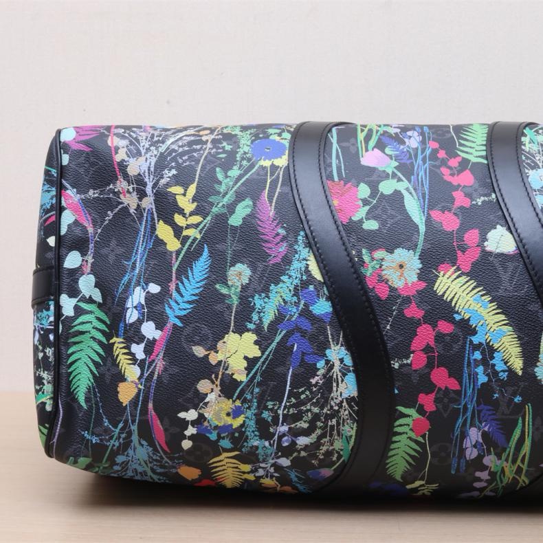 LOUIS VUITTON(路易威登) KEEPALL 50 配肩帶 黑色 PVC 2019 Foliage 花朵印花-3