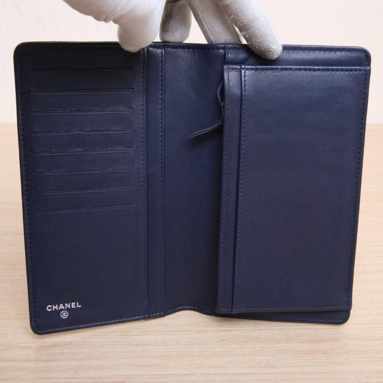 CHANEL(香奈兒)  墨藍色  21開 雙C LOGO 菱格紋長款錢包-4