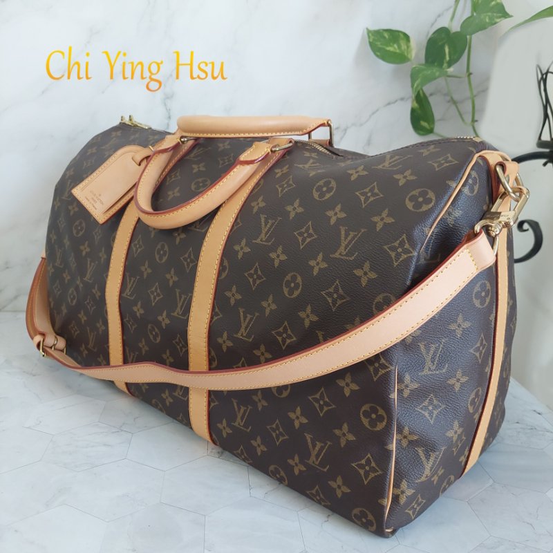 LV 棕色 原花帆布🎀實品拍照🎀 Keepall Bandouliere 50 手提行李袋 M41416-11