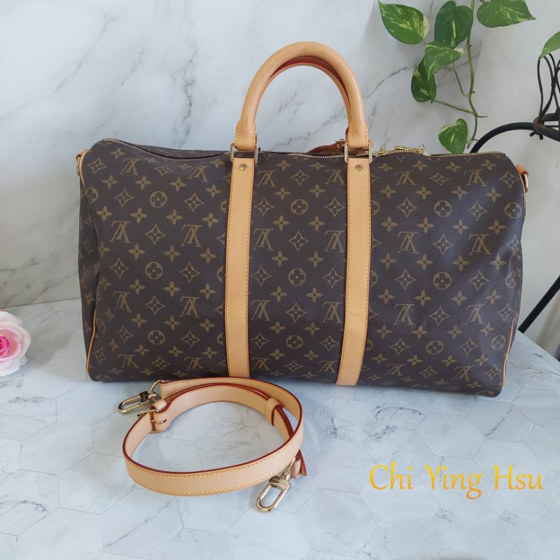 LV 棕色 原花帆布🎀實品拍照🎀 Keepall Bandouliere 50 手提行李袋 M41416-14