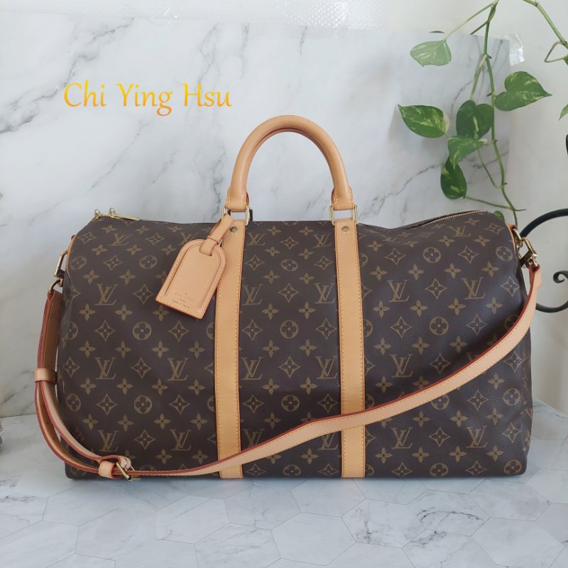 LV 棕色 原花帆布🎀實品拍照🎀 Keepall Bandouliere 50 手提行李袋 M41416-17