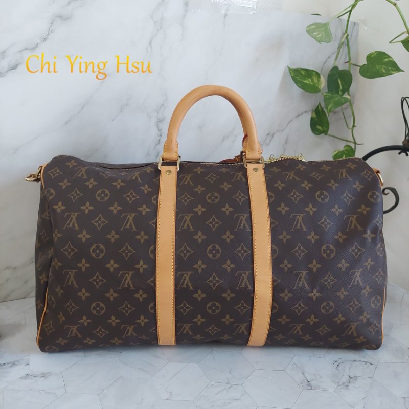 LV 棕色 原花帆布🎀實品拍照🎀 Keepall Bandouliere 50 手提行李袋 M41416-20