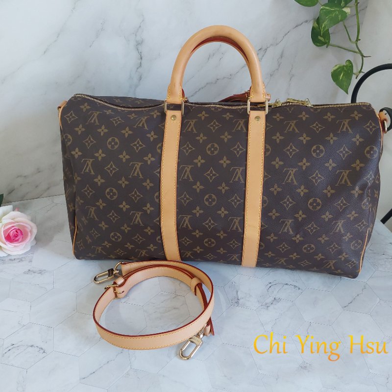 LV 棕色 原花帆布🎀實品拍照🎀 Keepall Bandouliere 50 手提行李袋 M41416-24