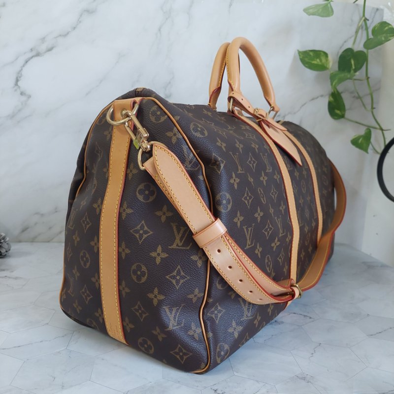 LV 棕色 原花帆布🎀實品拍照🎀 Keepall Bandouliere 50 手提行李袋 M41416-28