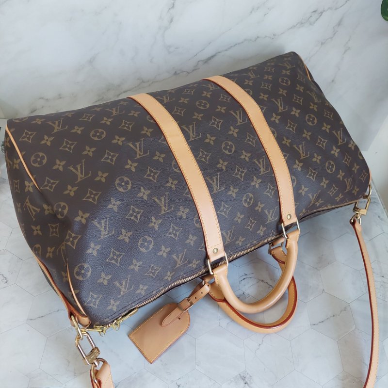 LV 棕色 原花帆布🎀實品拍照🎀 Keepall Bandouliere 50 手提行李袋 M41416-63