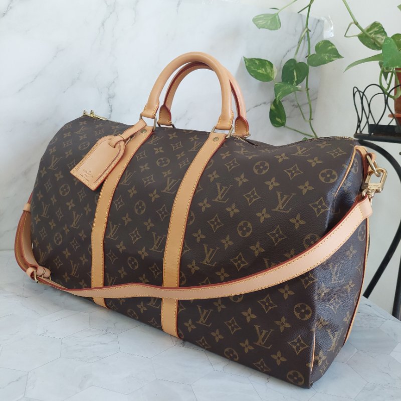 LV 棕色 原花帆布🎀實品拍照🎀 Keepall Bandouliere 50 手提行李袋 M41416-65