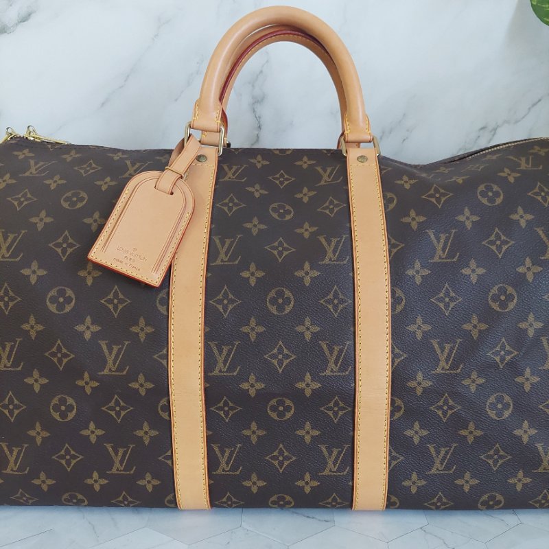 LV 棕色 原花帆布🎀實品拍照🎀 Keepall Bandouliere 50 手提行李袋 M41416-66
