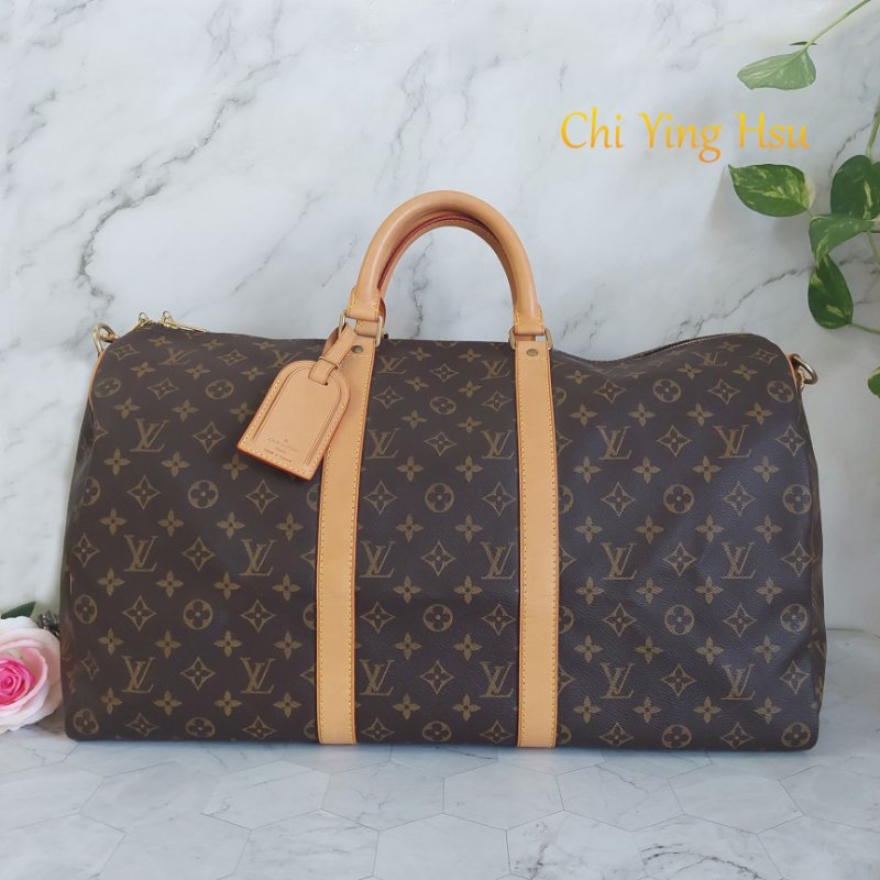 LV 棕色 原花帆布🎀實品拍照🎀 Keepall Bandouliere 50 手提行李袋 M41416-81