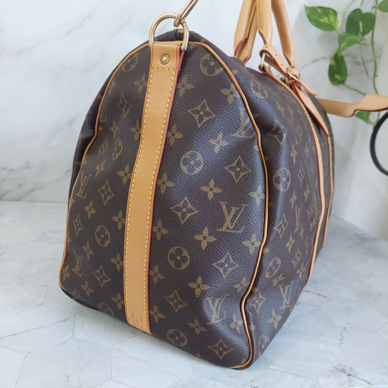 LV 棕色 原花帆布🎀實品拍照🎀 Keepall Bandouliere 50 手提行李袋 M41416-84