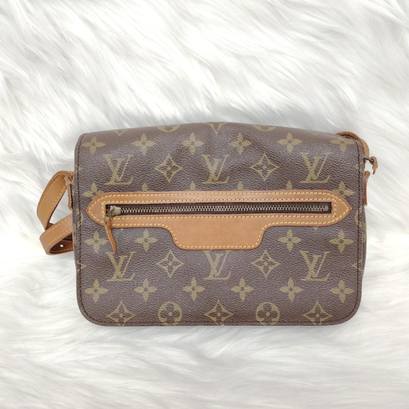 LV Cite 棕色 老花 塗層帆布拼牛皮 小號 開口笑盒子包 T形 23.5 x 17 x 4-1
