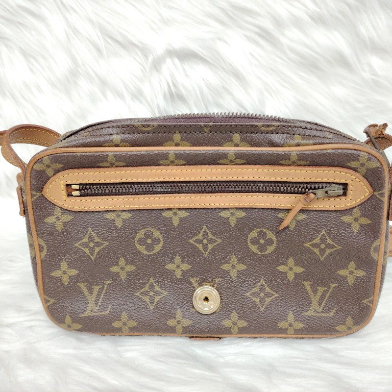 LV Cite 棕色 老花 塗層帆布拼牛皮 小號 開口笑盒子包 T形 23.5 x 17 x 4-5