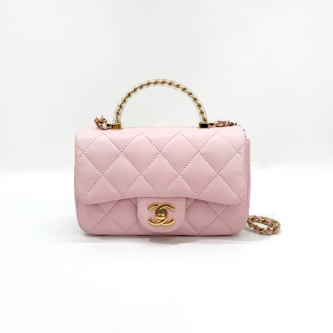 Chanel 粉羊皮淡金釦樹脂手把Mini斜背包 AS4847