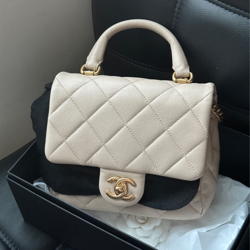 Chanel 23c香檳金手柄方胖子 鏈條斜挎包 芯片款 #近新閒置 #配件齊全 #僅試背-5