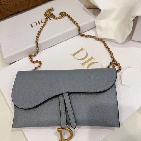 DIOR 石灰藍 Saddle WOC鍊包 附零錢包 粒紋 小牛皮長夾