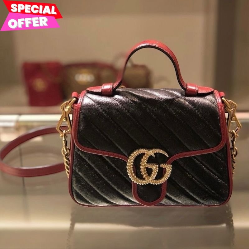 🎁快閃特價🎁Gucci 583571 迷你 GG Marmont 兩用包 櫻桃紅滾邊配色-0