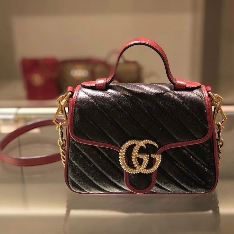 🎁快閃特價🎁Gucci 583571 迷你 GG Marmont 兩用包 櫻桃紅滾邊配色-1