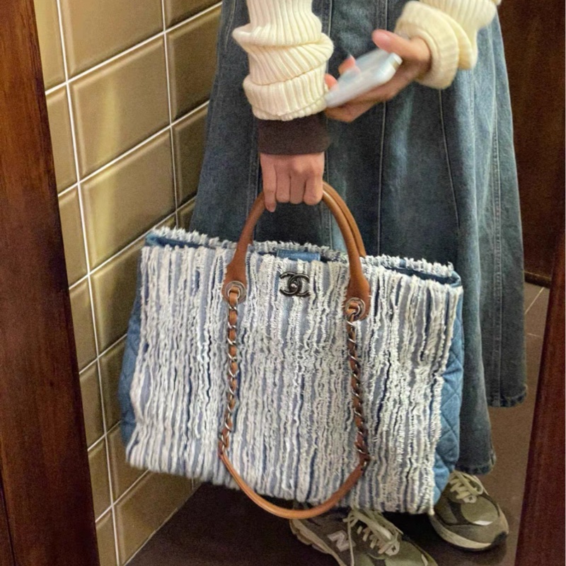 Chanel • 稀有絕版復古銀釦牛仔流蘇托特包 機場包-0