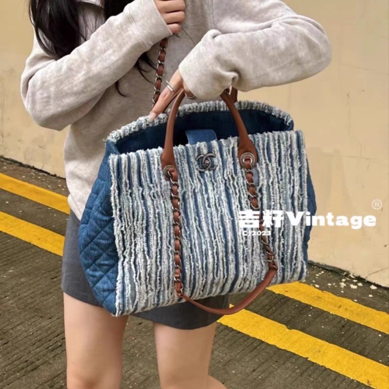 Chanel • 稀有絕版復古銀釦牛仔流蘇托特包 機場包-1