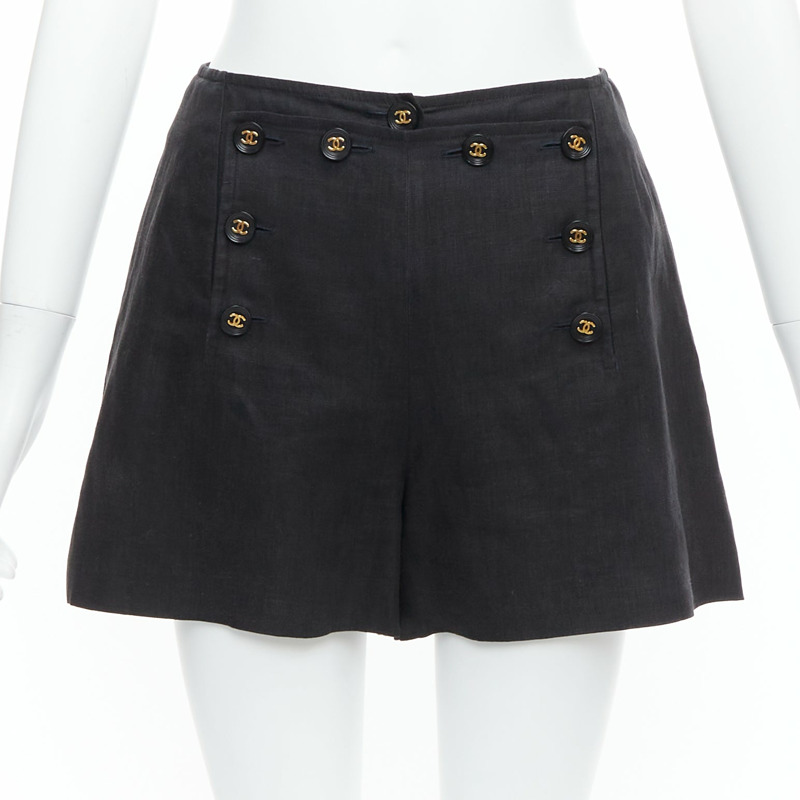 rare CHANEL 94P Vintage black linen gold CC logo buttons sailor shorts FR36 S-0