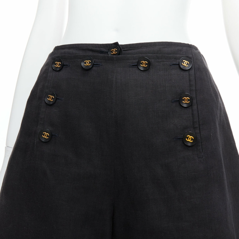 rare CHANEL 94P Vintage black linen gold CC logo buttons sailor shorts FR36 S-1