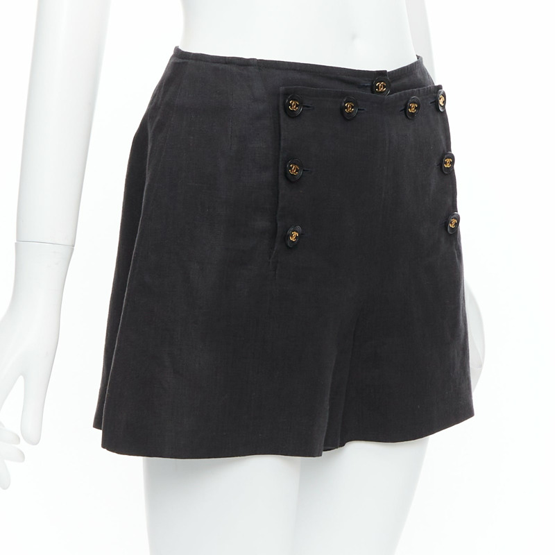 rare CHANEL 94P Vintage black linen gold CC logo buttons sailor shorts FR36 S-2