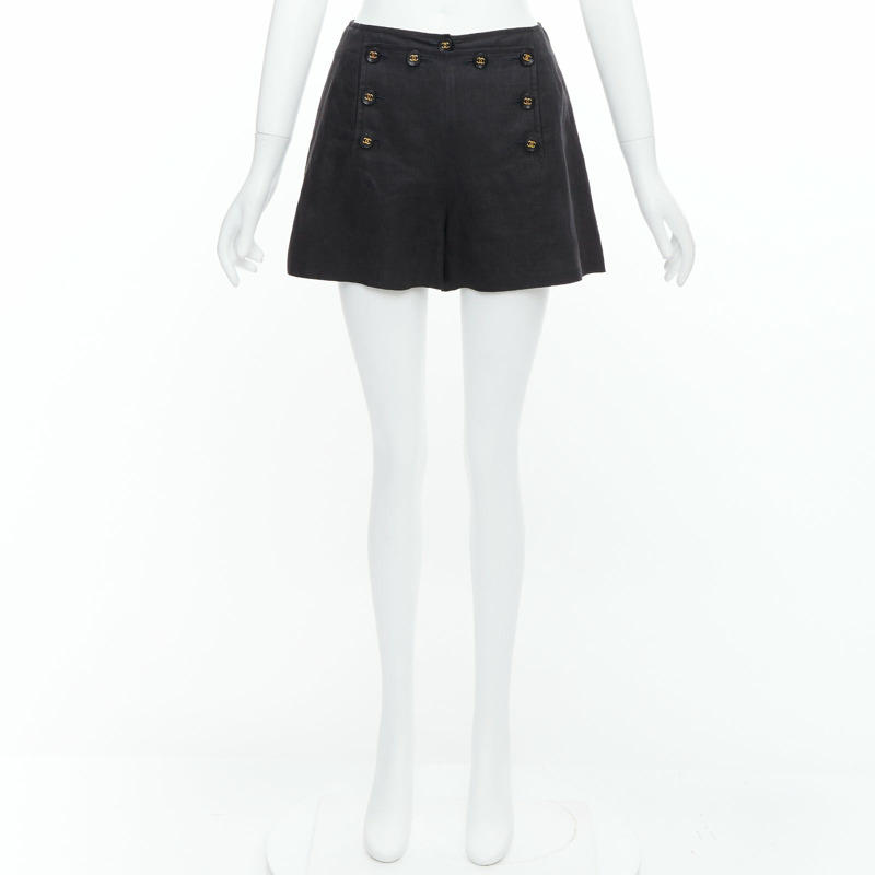 rare CHANEL 94P Vintage black linen gold CC logo buttons sailor shorts FR36 S-8