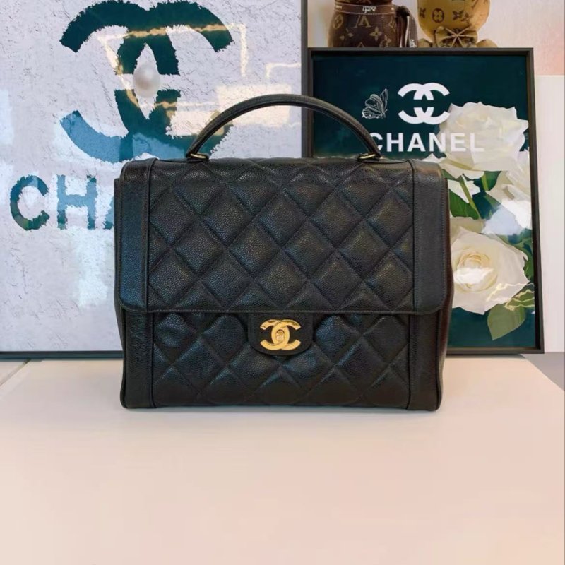 Chanel 黑金手提包中古款魚子醬荔枝皮 31.5*12*24.5 98新 配件塵袋-1
