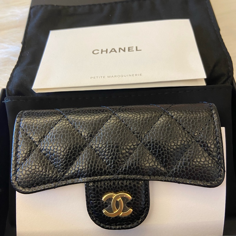Chanel CF經典黑金牛皮單層口蓋卡夾 零錢包（膜在，含購證影本，含禮盒提袋-0