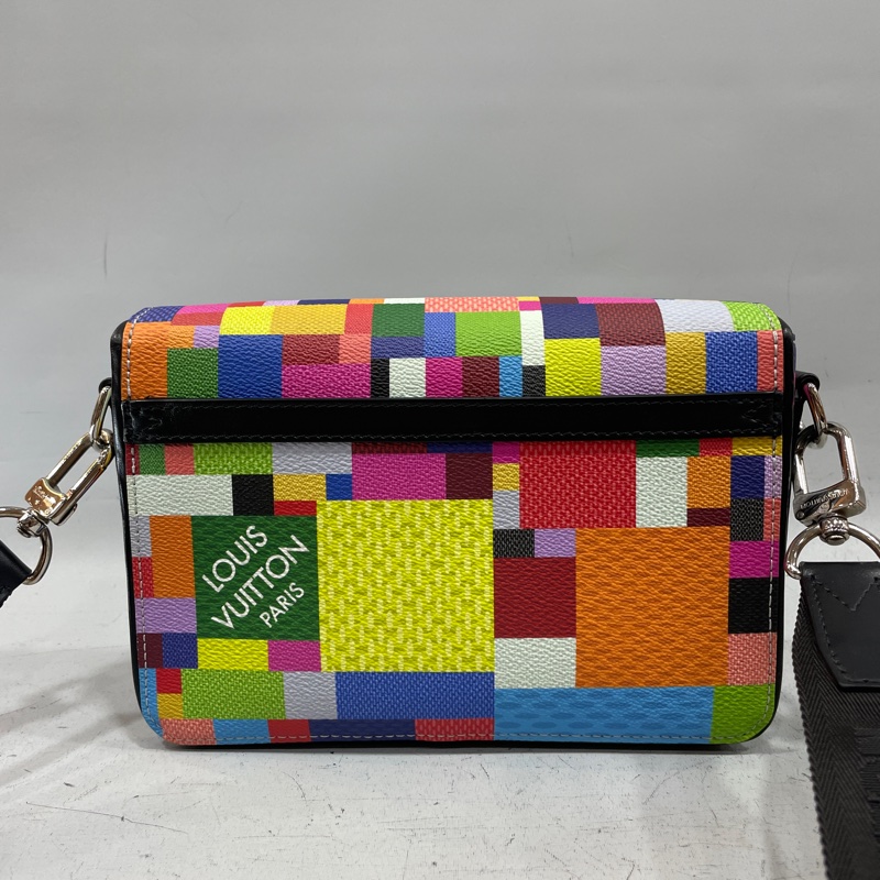 限量款✨Louis Vuitton N50036彩色棋盤格PVC拼牛皮銀釦斜背包 郵差包-2