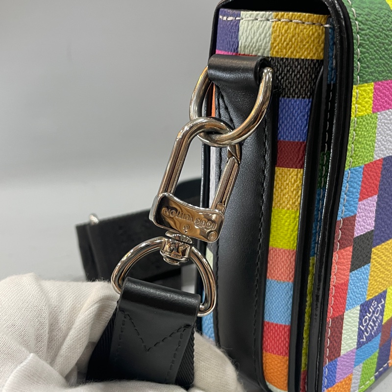 限量款✨Louis Vuitton N50036彩色棋盤格PVC拼牛皮銀釦斜背包 郵差包-10