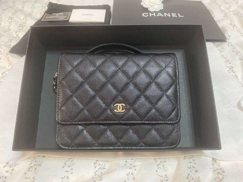 Chanel 香奈兒 黑金荔枝皮 方形雙層WOC-9