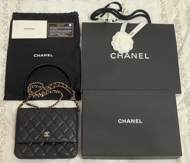 Chanel 香奈兒 黑金荔枝皮 方形雙層WOC-22