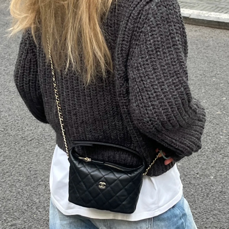 Chanel 黑色荔枝皮 金釦飯盒包 便當包-2