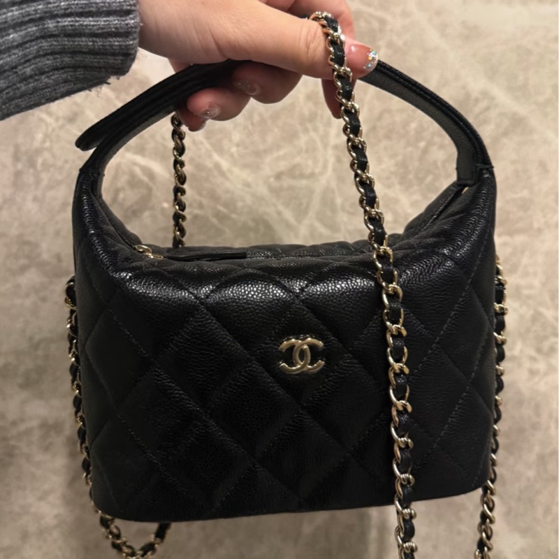 Chanel 黑色荔枝皮 金釦飯盒包 便當包-3