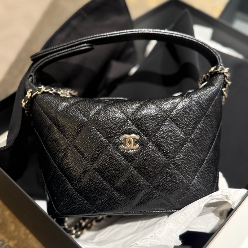 Chanel 黑色荔枝皮 金釦飯盒包 便當包-4