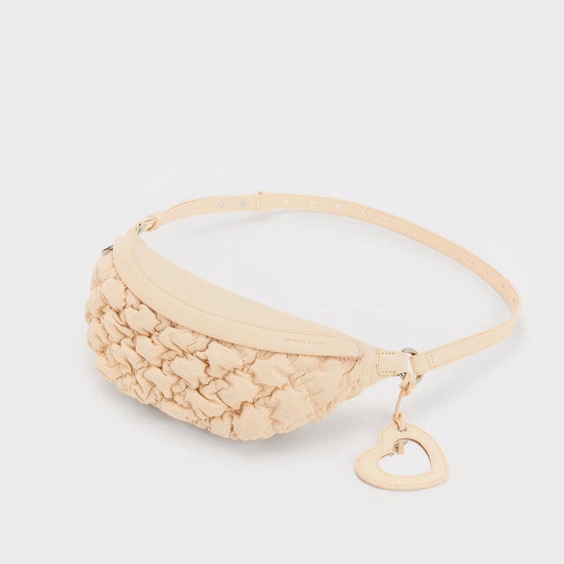 Charles&Keith Nita 抓皺腰包 米黃色+愛心鏡-3
