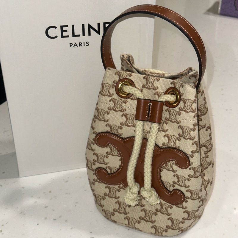 CELINE 標誌印花牛皮革TEEN索繩手提包-0