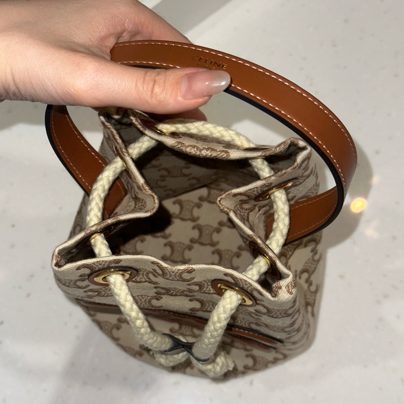 CELINE 標誌印花牛皮革TEEN索繩手提包-5