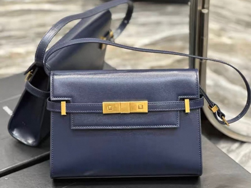 SAINT LAURENT Manhattan 皮革小號單肩包 午夜藍/金-0