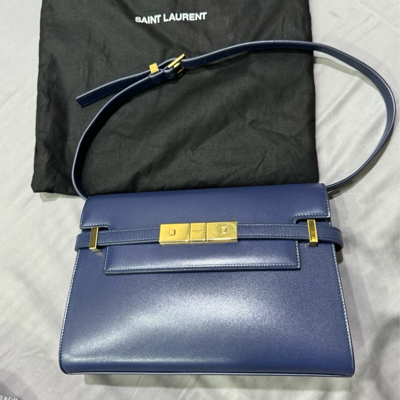 SAINT LAURENT Manhattan 皮革小號單肩包 午夜藍/金-4