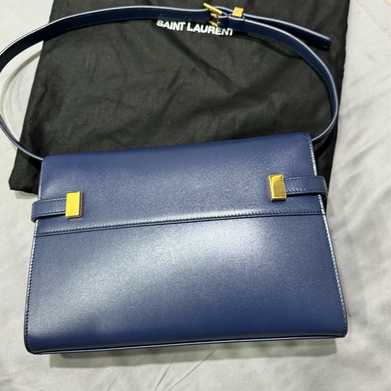 SAINT LAURENT Manhattan 皮革小號單肩包 午夜藍/金-6