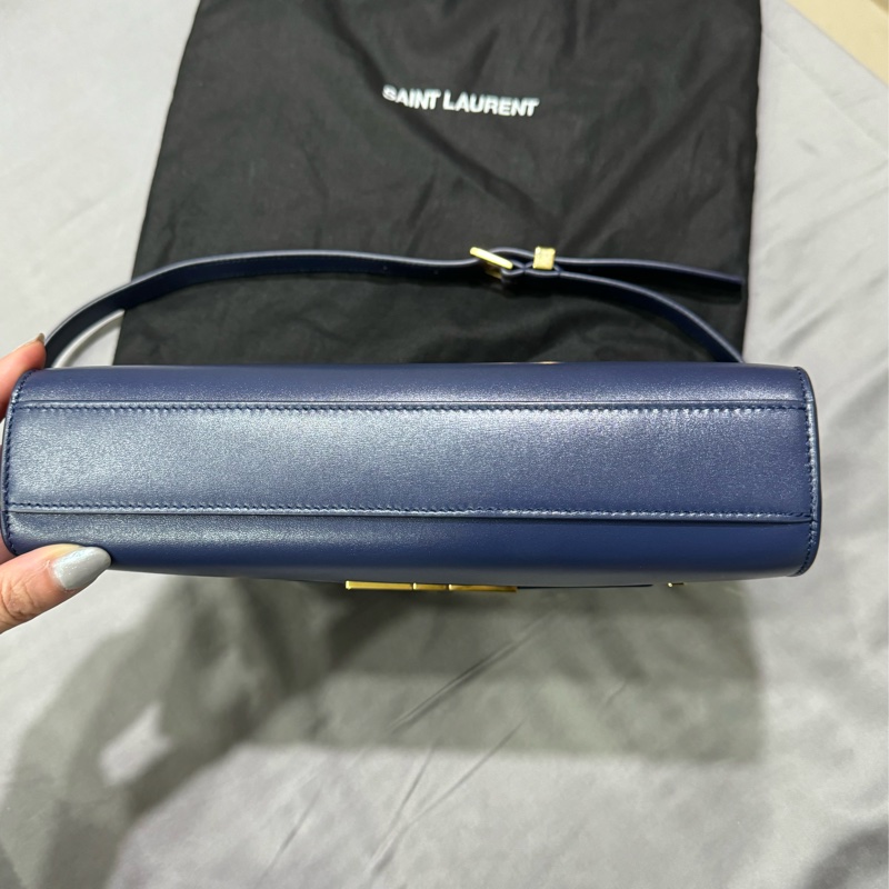 SAINT LAURENT Manhattan 皮革小號單肩包 午夜藍/金-7
