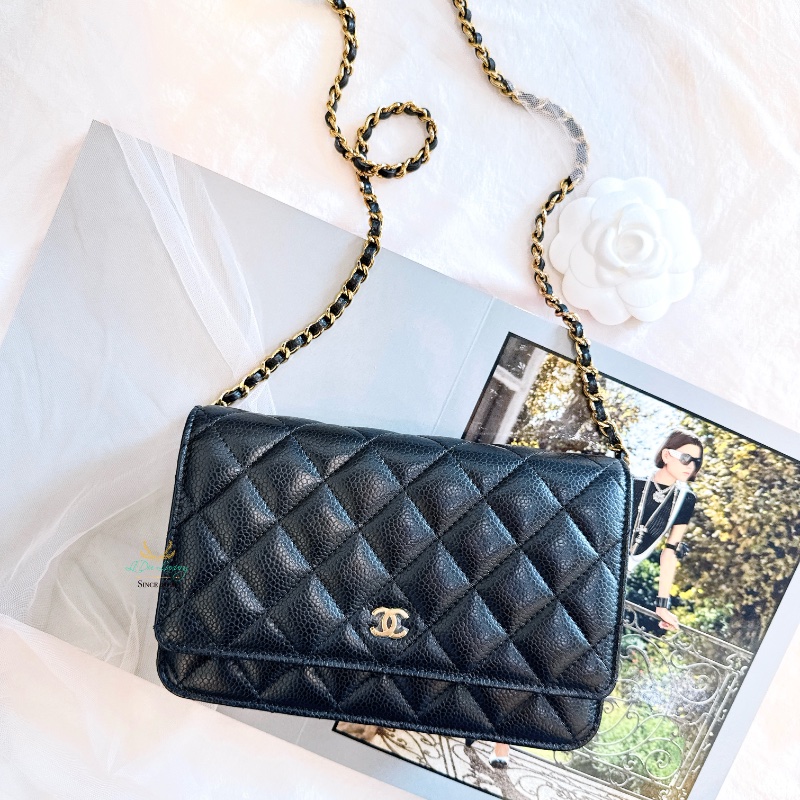 CHANEL AP0250 晶片版 黑色 荔枝牛皮 菱格紋 金釦 磁釦式 ＷＯＣ 鏈子皮夾-0