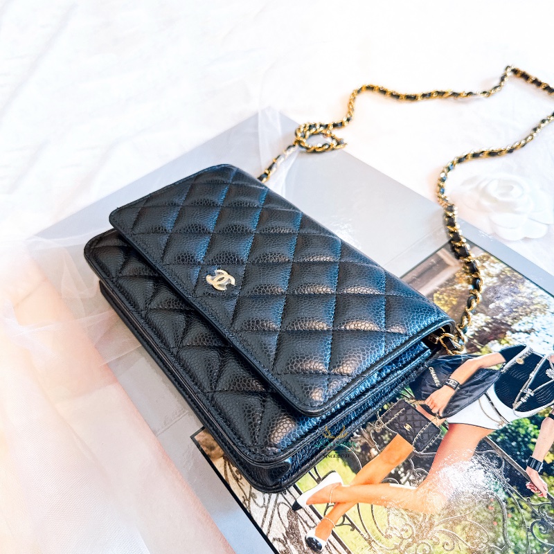 CHANEL AP0250 晶片版 黑色 荔枝牛皮 菱格紋 金釦 磁釦式 ＷＯＣ 鏈子皮夾-1