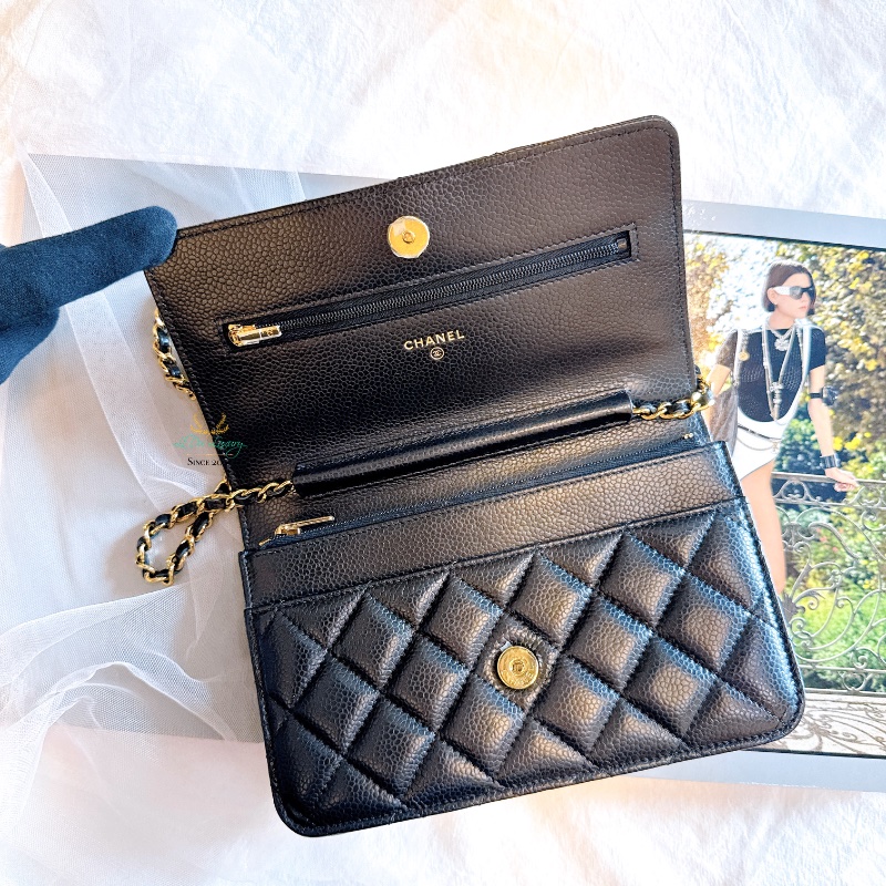 CHANEL AP0250 晶片版 黑色 荔枝牛皮 菱格紋 金釦 磁釦式 ＷＯＣ 鏈子皮夾-5