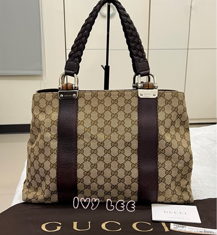 Gucci 竹節裝飾 帆布皮革托特包 編織手把 深咖啡酒紅 232947 正品 二手精品-0