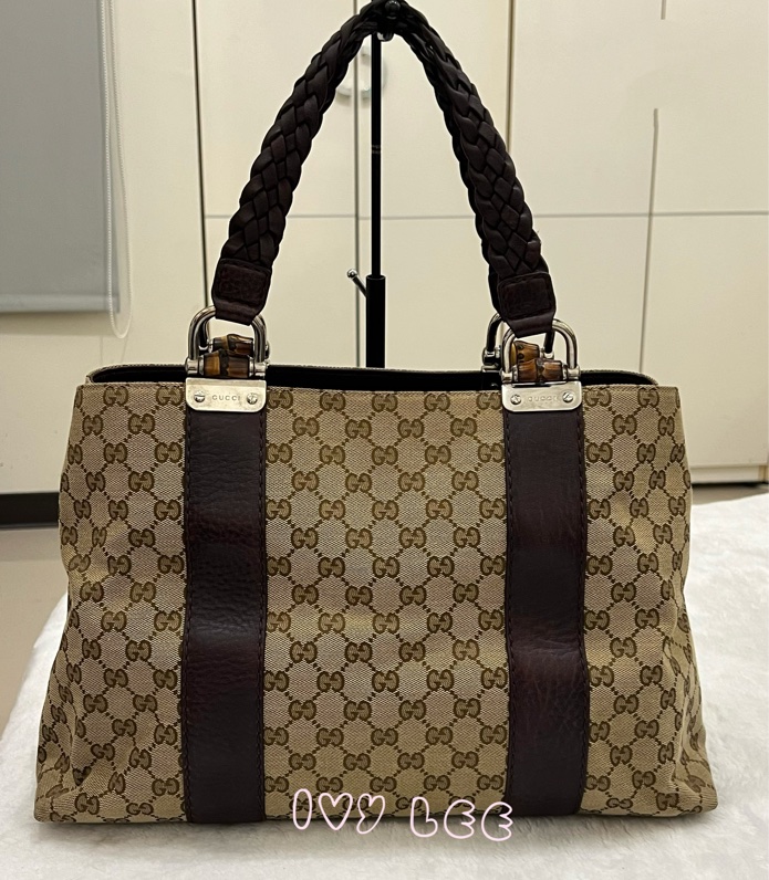 Gucci 竹節裝飾 帆布皮革托特包 編織手把 深咖啡酒紅 232947 正品 二手精品-1
