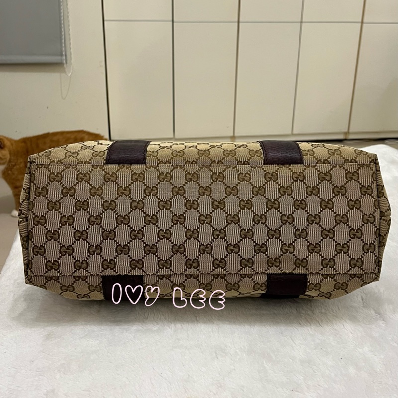 Gucci 竹節裝飾 帆布皮革托特包 編織手把 深咖啡酒紅 232947 正品 二手精品-2