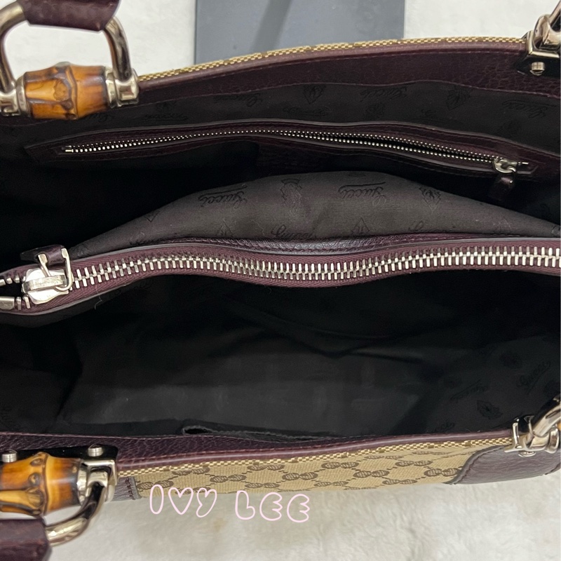 Gucci 竹節裝飾 帆布皮革托特包 編織手把 深咖啡酒紅 232947 正品 二手精品-3