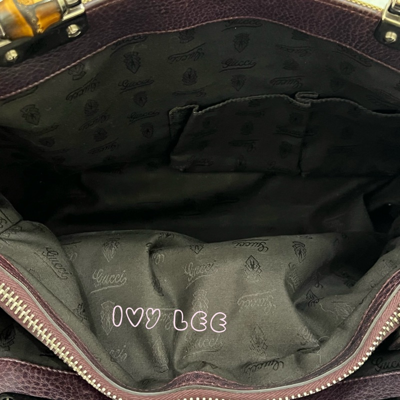 Gucci 竹節裝飾 帆布皮革托特包 編織手把 深咖啡酒紅 232947 正品 二手精品-7